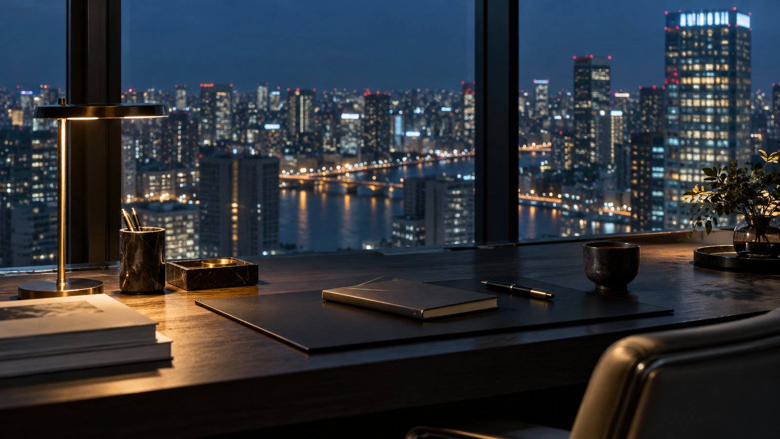 高層階の窓辺のデスクと、窓の外の夜景
