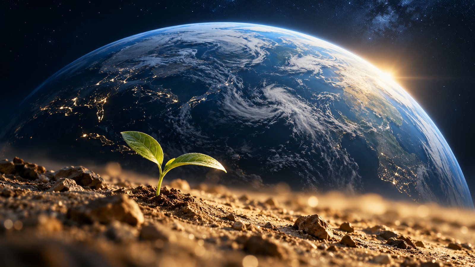 宇宙から望む青い地球と、砂の上に芽吹く緑
